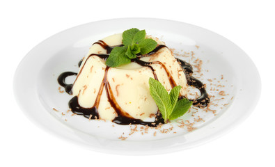 Panna Cotta with chocolate sauce, isolated on white