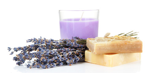 Lavender candle with soap and fresh lavender, isolated on white