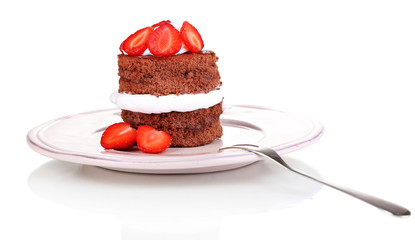 Chocolate cake with strawberry isolated on white