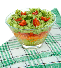 Tasty salad with fresh vegetables, isolated on white