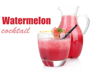 Glass of fresh watermelon juice, isolated on white