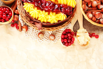 Tasty fruity homemade pie with berries and nuts,