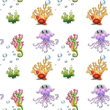 A seamless design showing the creatures under the sea