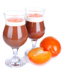 Dessert of chocolate and persimmon isolated on white