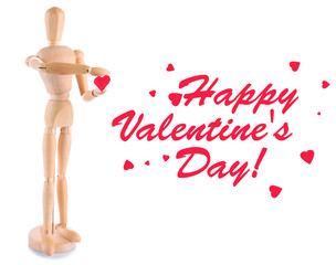 Wooden mannequin holding red heart isolated on white