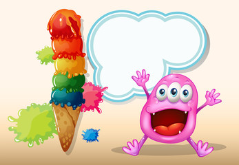 A cheerful beanie monster near the icecream