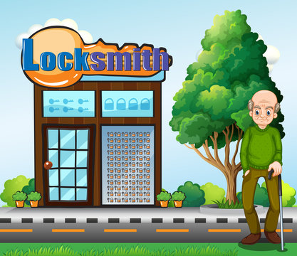 An old man standing in front of the locksmith building