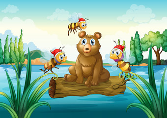 A bear riding on a trunk floating in the river