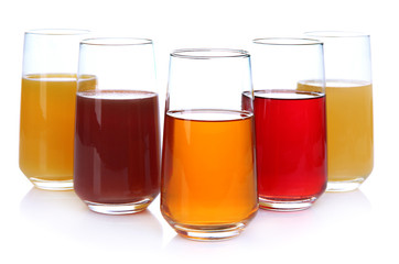 Fototapeta na wymiar Variety of juices in glasses, isolated on white