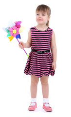Beautiful little girl holding colorful windmill isolated