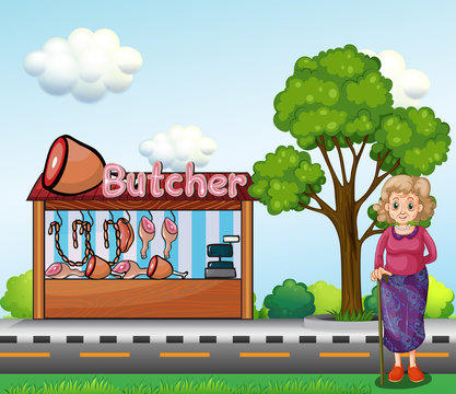 An old woman near the butcher house