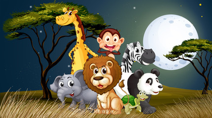 Obraz premium Grupa zabawnych zwierzątek pod jasnym księżycem
