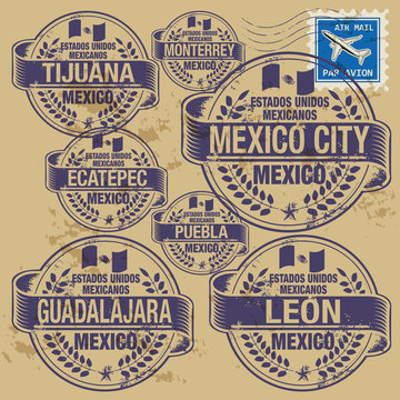 Grunge rubber stamp set with names of Mexico cities