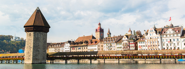 wooden Chapel bridge and old town of Lucerne, Switzerland