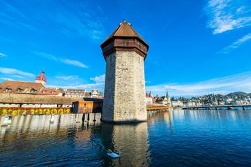 wooden Chapel bridge and old town of Lucerne, Switzerland