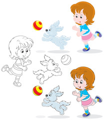 Little girl playing a ball with her pup