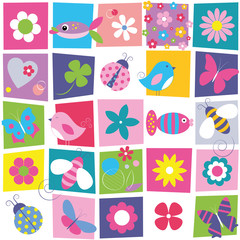 birds bees ladybugs butterflies fish and flowers pattern