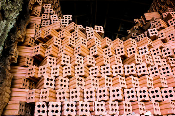 brick kiln. collection set of red bricks stack in oven factory b