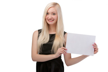 Fototapeta premium Smiling woman holding blank card.