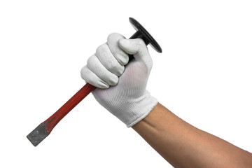 vintage chisel in hand isolated over white