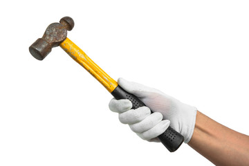 Man hand with old hammer isolated on white