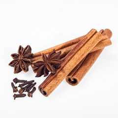 Cinnamon, anise and cloves on white background