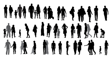 Set of Silhouette Walking People and Children. Vector Illustrati