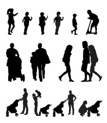Mother with Pram and Children Silhouette Vector Illustration