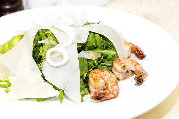 shrimp salad and greens on a white background