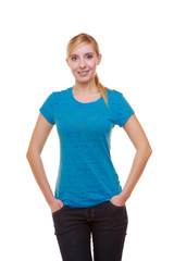 Fototapeta premium Portrait casual blond smiling girl female student isolated.
