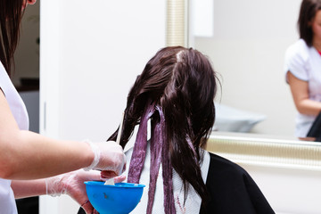 hairdresser applying color female customer at salon