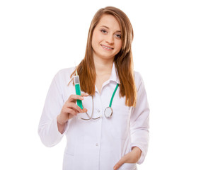 Doctor or nurse holds a syringe, healthcare concept