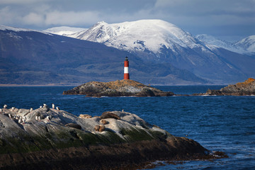 Lighthouse End of the world in the Beagle Channel, Ushuaia, Pata - obrazy, fototapety, plakaty