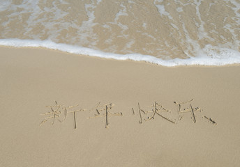 Chinese Calligraphy for happy new year written in the sand