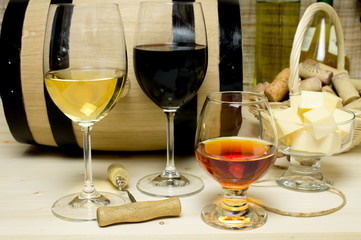 Red and white wine, brandy