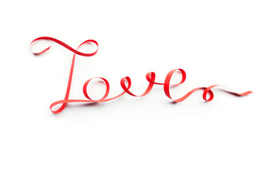 Fototapeta na wymiar Word love made of red ribbon, on white background