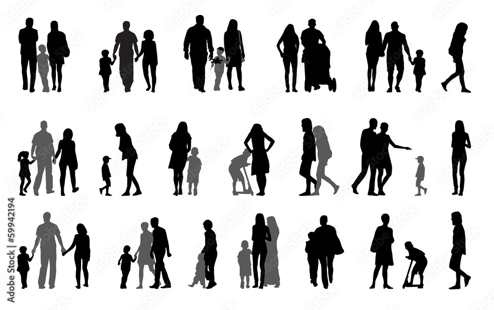 Wall mural Parents and children with pram Silhouette Vector Illustration