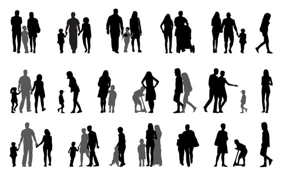 Parents and children with pram Silhouette Vector Illustration