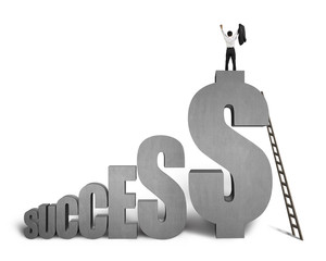 Businessman standing on "SUCCESS" concrete 3D word with wooden l
