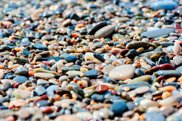pebbles of different colors on the beach closeup