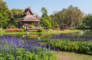 Thai style outdoor wooden gazebo  in the park