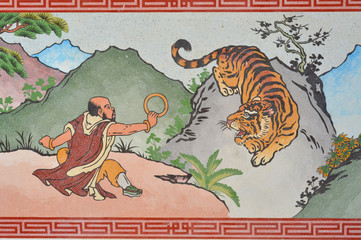 Chinese style painting on wall of shrine