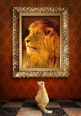 Cat looking at a portrait of a lion in a golden frame. © cranach