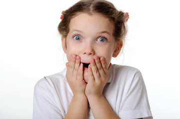 Funny little girl with hands close to face isolated on white