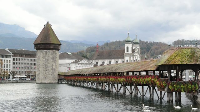 wooden Chapel bridge and old town of Lucerne, Switzerland