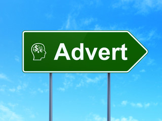 Advertising concept: Advert and Head With Finance Symbol on road