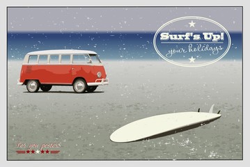 Naklejka premium Retro minibus and surf on the beach