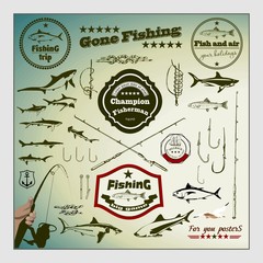 Vector Set: Vintage Fishing Labels and Stamps