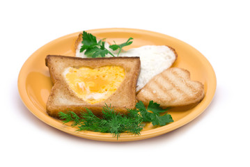 Romantic Breakfast: heart-shaped fried egg, heart-shaped toasts 