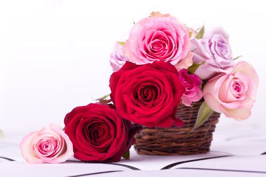 pink and red roses in brown basket